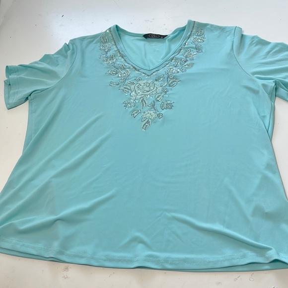 Bm Tops - Bm Medium Blue Short Sleeve V Neck Embroidered Floral Blouse